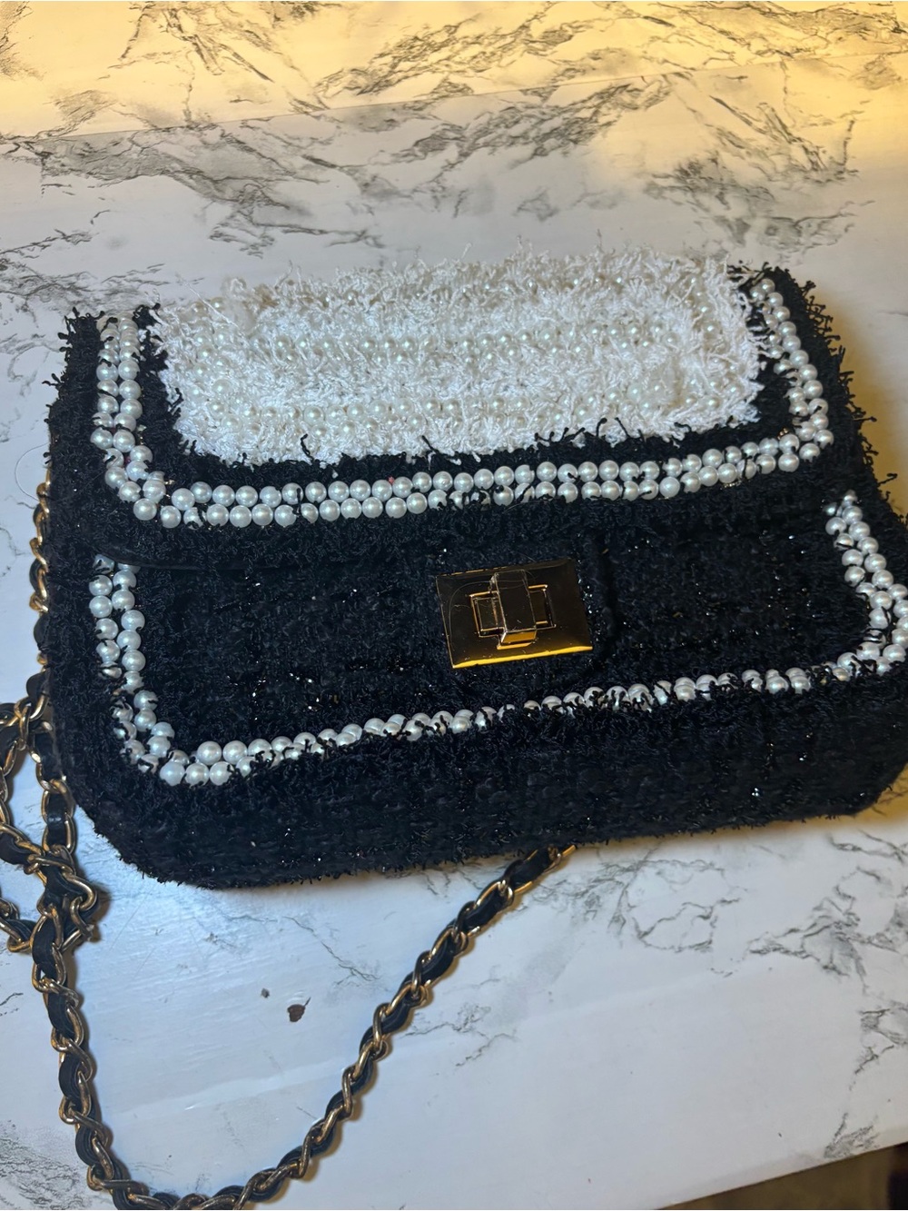 Pearl-Trim Black and White Tweed Shoulder Bag